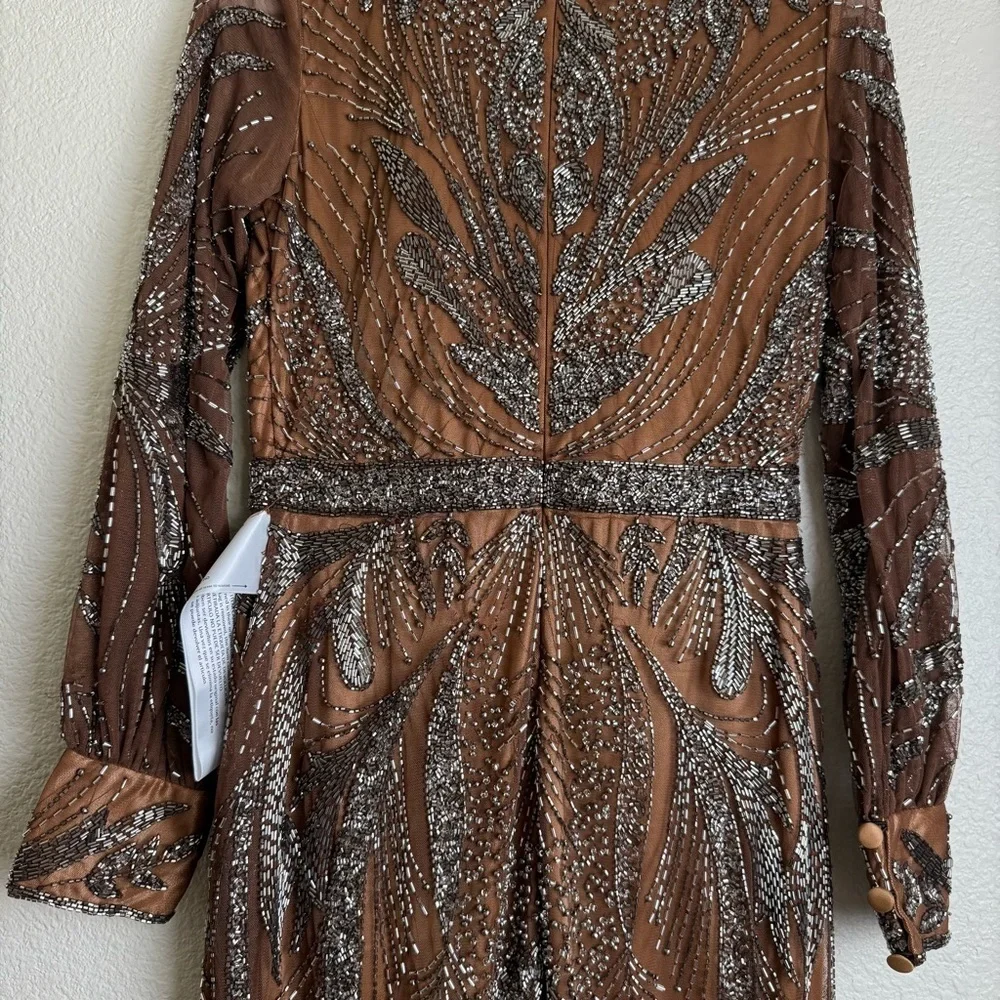 Mac Duggal Mocha Brown Beaded Long Sleeve Tulle Midi Cocktail Dress - Picture 13 of 14